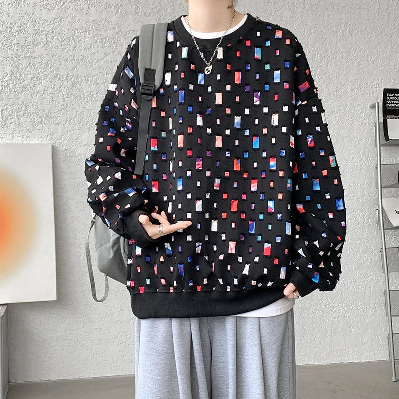 Cotton Hollow Hoodie Men Oversized Plaid Sweatshirt Men Streetwear Hip Hop Loose Pullover Hoodie Mens Round Neck Hoody M-3XL Street King Limited