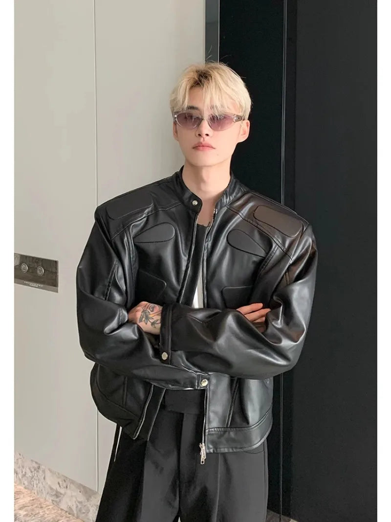 high street motorcycle pu leather jacket men hip hop trend shoulder padded coat street fashion stand collar zipper short outwear unique shorts style 1959