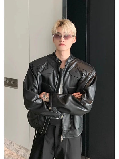 high street motorcycle pu leather jacket men hip hop trend shoulder padded coat street fashion stand collar zipper short outwear unique shorts style 1959