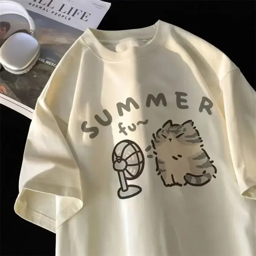 American Street Creative Blow Fan Cat Pure Cotton T-shirt for Men and Women Summer Relaxed Short Sleeve Couple Wear INS Top Street King Limited