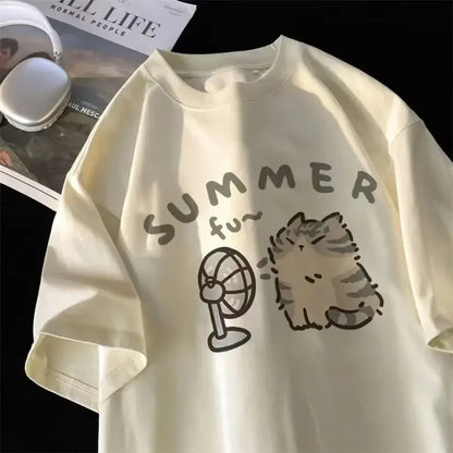 American Street Creative Blow Fan Cat Pure Cotton T-shirt for Men and Women Summer Relaxed Short Sleeve Couple Wear INS Top Street King Limited