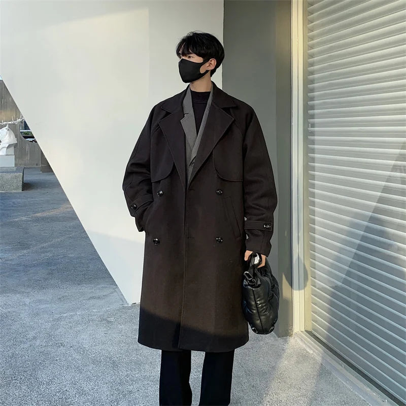 Men's Autumn Winter Mid Length Woolen Coat New Korean Tide Black Thickned Overcoat Long Sleeve Double-breasted Jackets Street King Limited