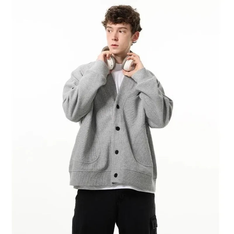 American V-neck Mens Cardigan Spring New Embroidered Casual Loose Couple Knitted Coats Single Breasted Solid Sweater Jackets Street King Limited