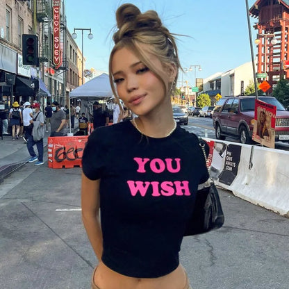 Aesthetic Fashion 2000S Cute Pink Letter Print Black Baby Tee Y2K Clothes Streetwear Vintage Short Sleeve Crop Top Women T-shirt Street King Limited