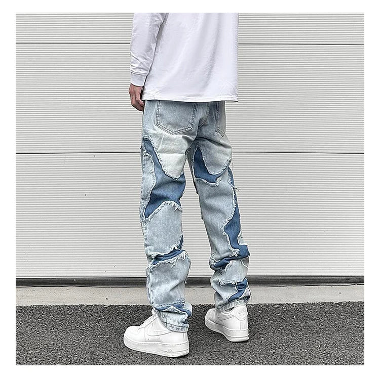 ripped irregular patchwork design denim jeans men casual zipper biker trousers jeans fashion streetwear hip hop pants joggers unique joggers style 2617