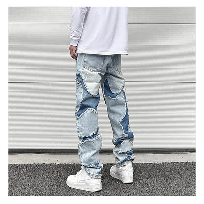 ripped irregular patchwork design denim jeans men casual zipper biker trousers jeans fashion streetwear hip hop pants joggers unique joggers style 2617