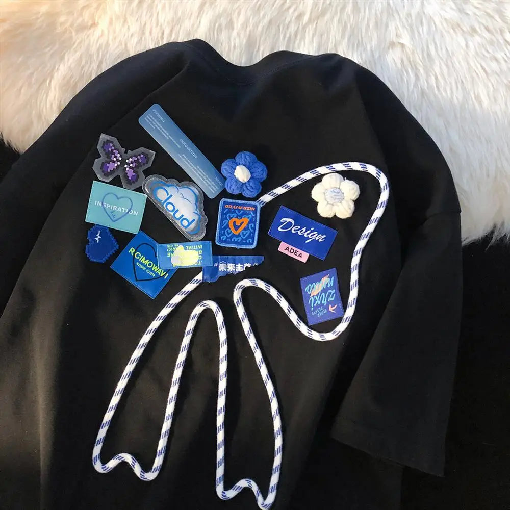 Super Chic Appliques Butterfly Bow Creative T Shirts Sweet Girl Kawaii Clothes 2022 Summer Large 2XL Korean Brand Office Ladies Street King Limited
