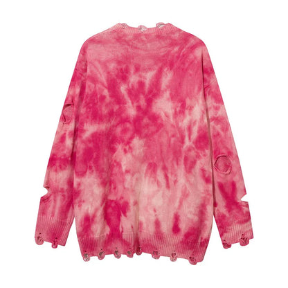 2023 Y2K Hole Knitted Sweater Hip Hop Streetwear Tie Dyed Distressed Ripped Pullover Men Harajuku Casual Knitwear Unisex Street King Limited