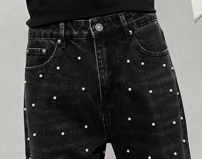 men bead streetwear fashion hip hop vibe loose casual wide leg straight denim jeans baggy pant man boyfriend jeans trousers unique jeans style 2873