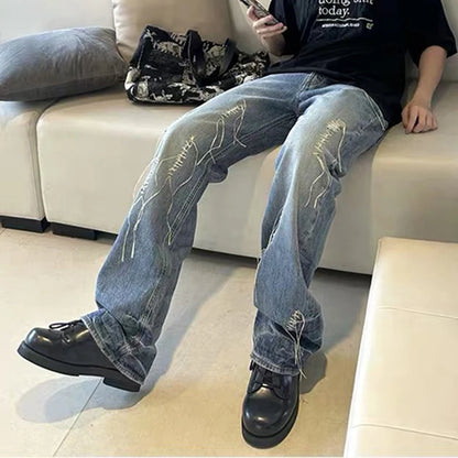 string lace up frayed washed pantalones hombre baggy blue jeans for men y2k streetwear washed casual denim trousers oversized denim street jeans