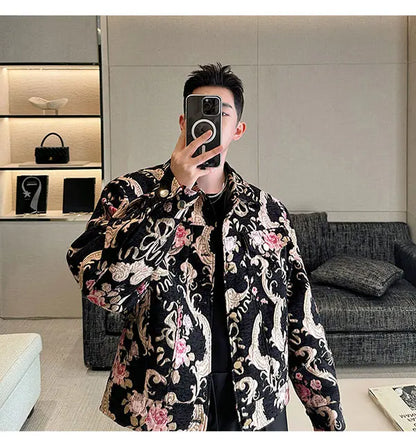 men palace style retro jacquard flower fashion show loose jacket man party dress vintage coat costumes spring autumn clothes unique default style 1234
