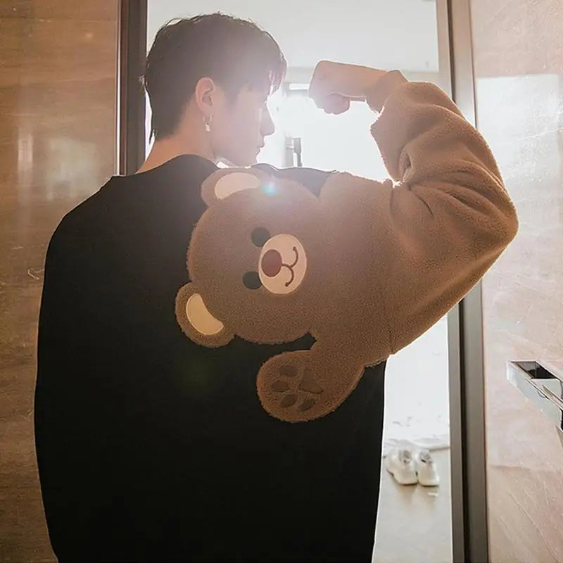 Long-sleeved Round Neck Sweater Lamb Hair Embroidery Flocking Sweater Loose Warm Winter Men's Bear Street King Limited