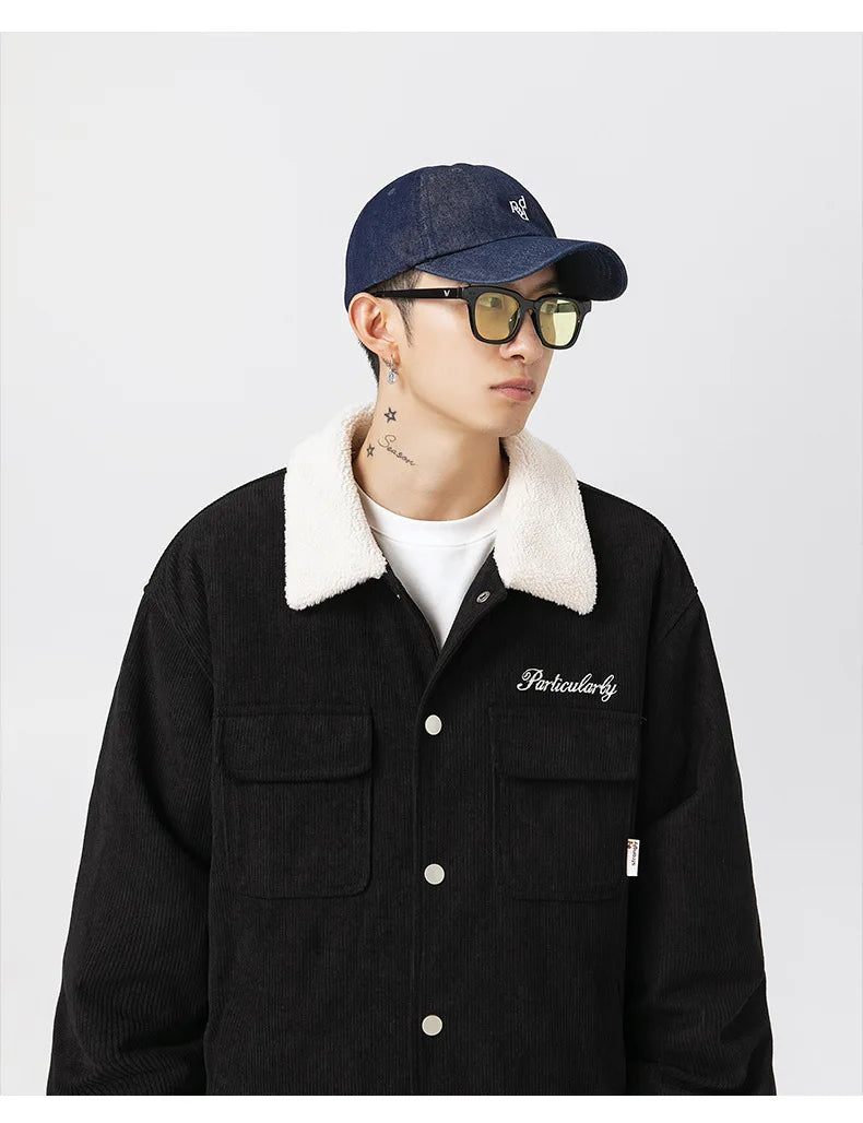 fashion men lamb fleece polo collar cotton padded coat winter embroidery loose thicken warm corduroy wadded jacket male outwear unique default style 6047