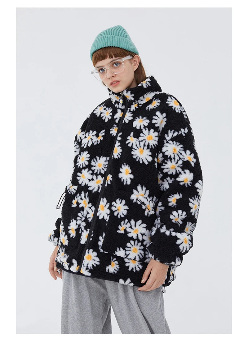 rainbowtouches cotton padded thick parkas jackets streetwear hip hop daisy print fleece warm full zip coats harajuku outwear unique default style 4403