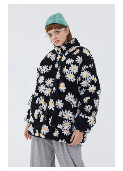 rainbowtouches cotton padded thick parkas jackets streetwear hip hop daisy print fleece warm full zip coats harajuku outwear unique default style 4403