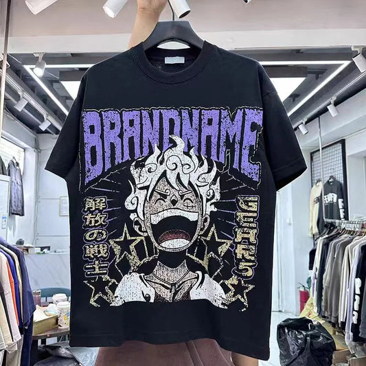New High Street Hip Hop Cartoon Anime Printing Men Woman T-shirt Loose Casual Lovers Cotton Versatile Black Top Tees Street King Limited