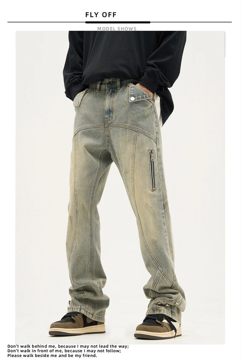 american high street retro straight jeans men casual patchwork y2k denim pants hip hop streetwear zipper baggy cargo jean unique cargo style 3124