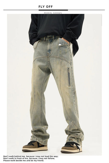 american high street retro straight jeans men casual patchwork y2k denim pants hip hop streetwear zipper baggy cargo jean unique cargo style 3124