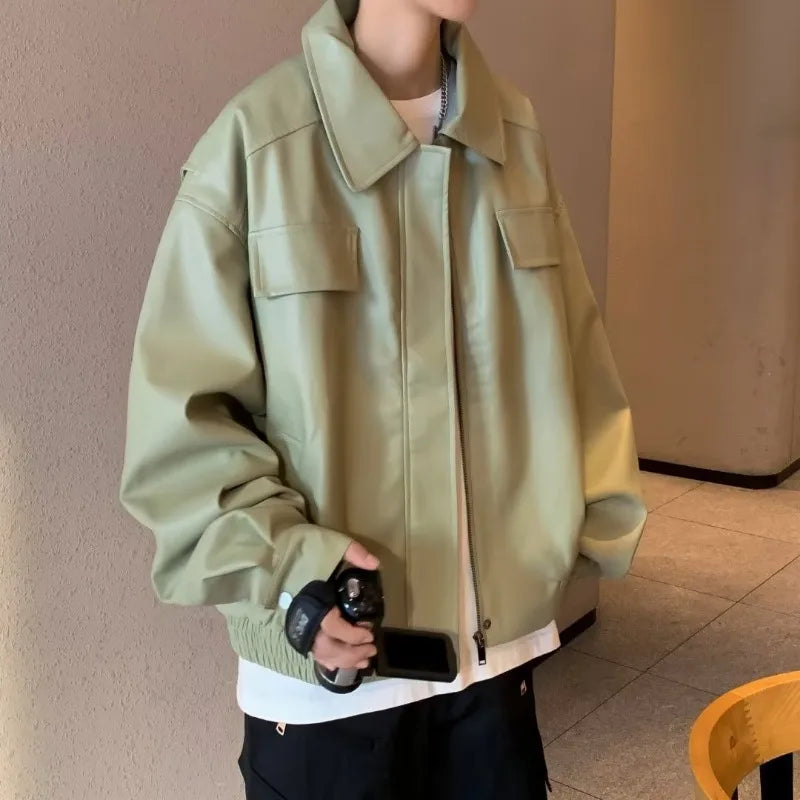 american motorcycle pu leather jacket mens 2024 new streetwear street hip hop trend coats spring new multi pocket lapel outwear unique default style 2897