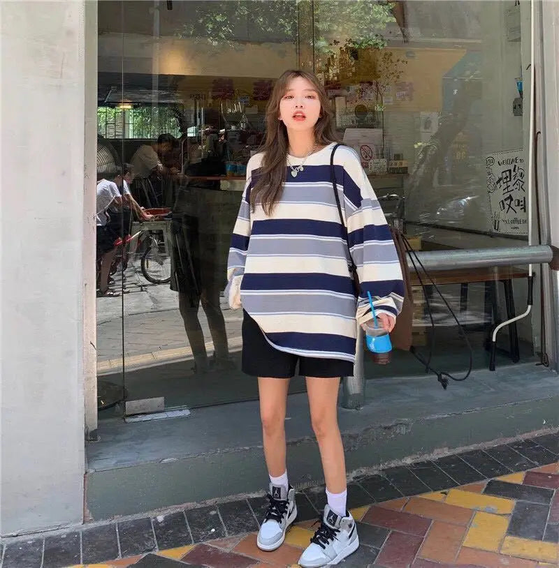 Women T shirts Striped Sweatshirt Thin tops 2024 Spring Women's Clothing Korean Fashion Couples Long Sleeve Teed y2k Pullovers Street King Limited