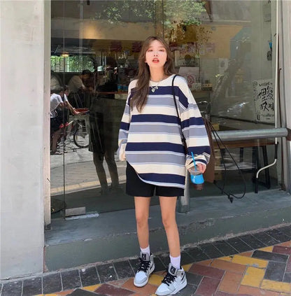 Women T shirts Striped Sweatshirt Thin tops 2024 Spring Women's Clothing Korean Fashion Couples Long Sleeve Teed y2k Pullovers Street King Limited