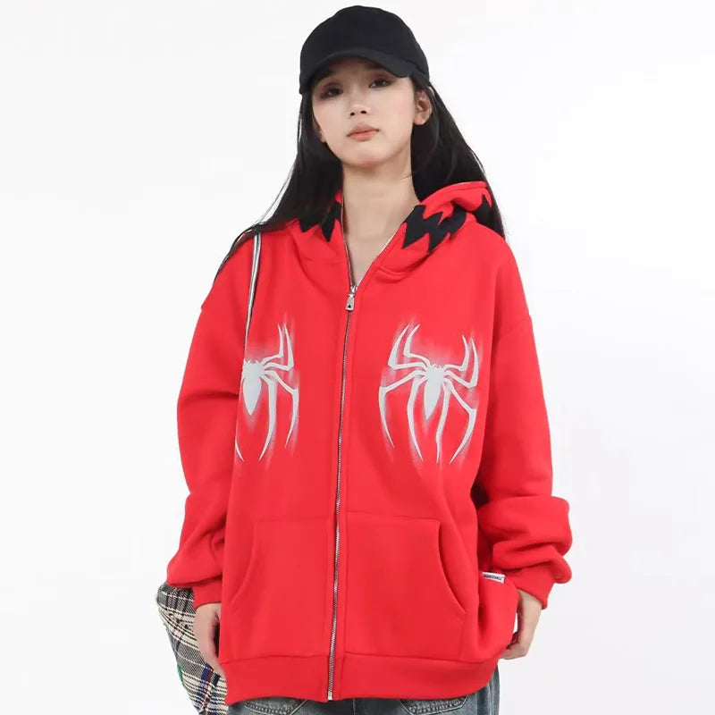 Men Full Zip Up Hooded Sweatshirt Spider Letter Graphic Print Hoodie Gothic Punk Loose Coat Harajuku Hip Hop Streetwear Unisex Street King Limited