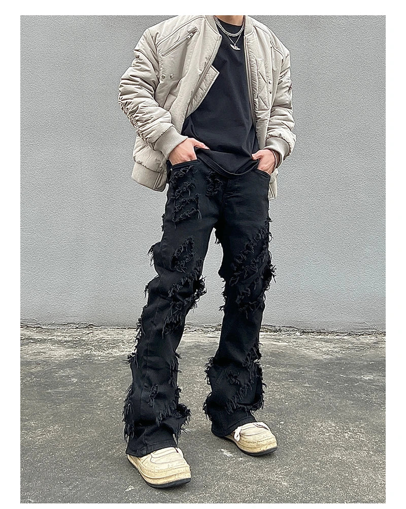 mens distressed ripped destroied tassel denim jean pants new fashion biker jeans streetwear flare pants joggers y2k men s jeans unique joggers style 2982