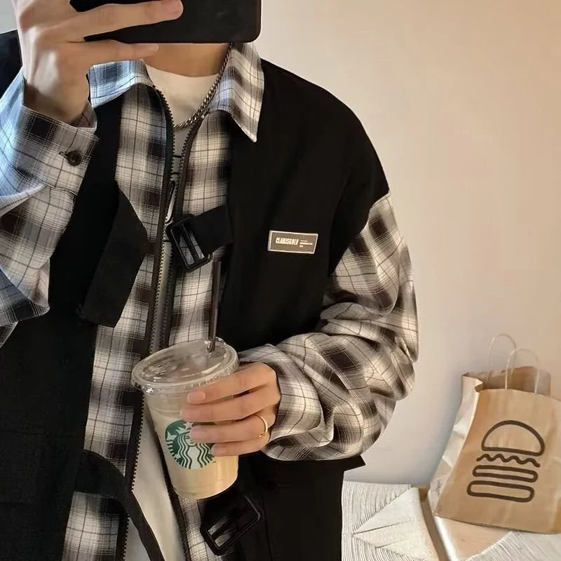 Streetwear New Fake Two Piece Zip Plaid Cargo Shirts Mens Japanese Streetwear Fas 2024 New Fake Two Piece Zip Plaid Cargo Shirts Mens Japanese Streetwear Fashion Social Shirt Autumn Long Sleeve Baggy Y2K Shirt Fashion Sweater Jacket With Graphic Design For Men