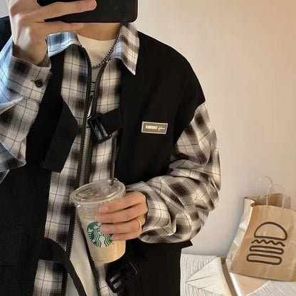 Streetwear New Fake Two Piece Zip Plaid Cargo Shirts Mens Japanese Streetwear Fas 2024 New Fake Two Piece Zip Plaid Cargo Shirts Mens Japanese Streetwear Fashion Social Shirt Autumn Long Sleeve Baggy Y2K Shirt Fashion Sweater Jacket With Graphic Design For Men