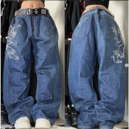 Y2K Straight Wide Leg Pants New Street Selling Fashion Loose American Hip Hop Retro Gothic Print Jeans Women Unisex Joker Jeans Street King Limited