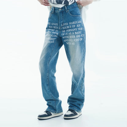 blue baggy jeans men letter printed straight denim pants fashion jeans male streetwear hip hop y2k loose trousers vintage washed jeans
