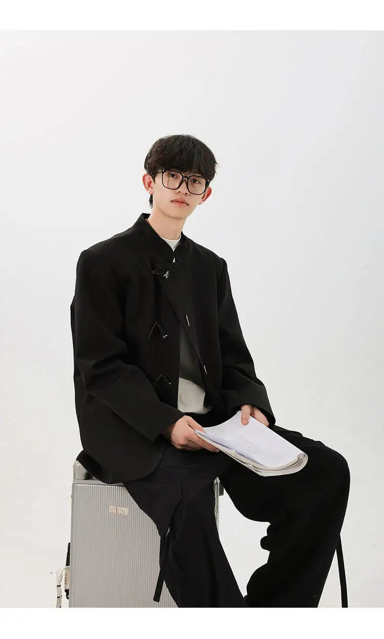 men fashion streetwear vintage stand collar loose casual black suit blazer jacket couple spring autumn coat outerwear unique default style 804