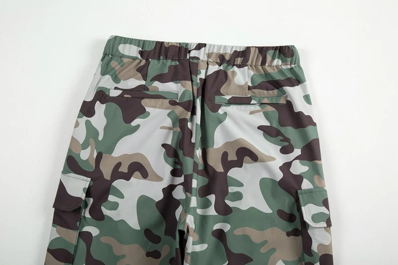 Street Wear Functional Camouflage Cargo Trousers Men Waterproof Pockets Pleated Zip Up Tapered Pants Nylon Belt Men's Clothes Street King Limited
