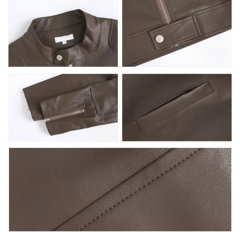 retro american street leather jacket mens autumn 2024 motorcycle standing collar trendy short coat zipper loose bomber outwear unique shorts style 2672