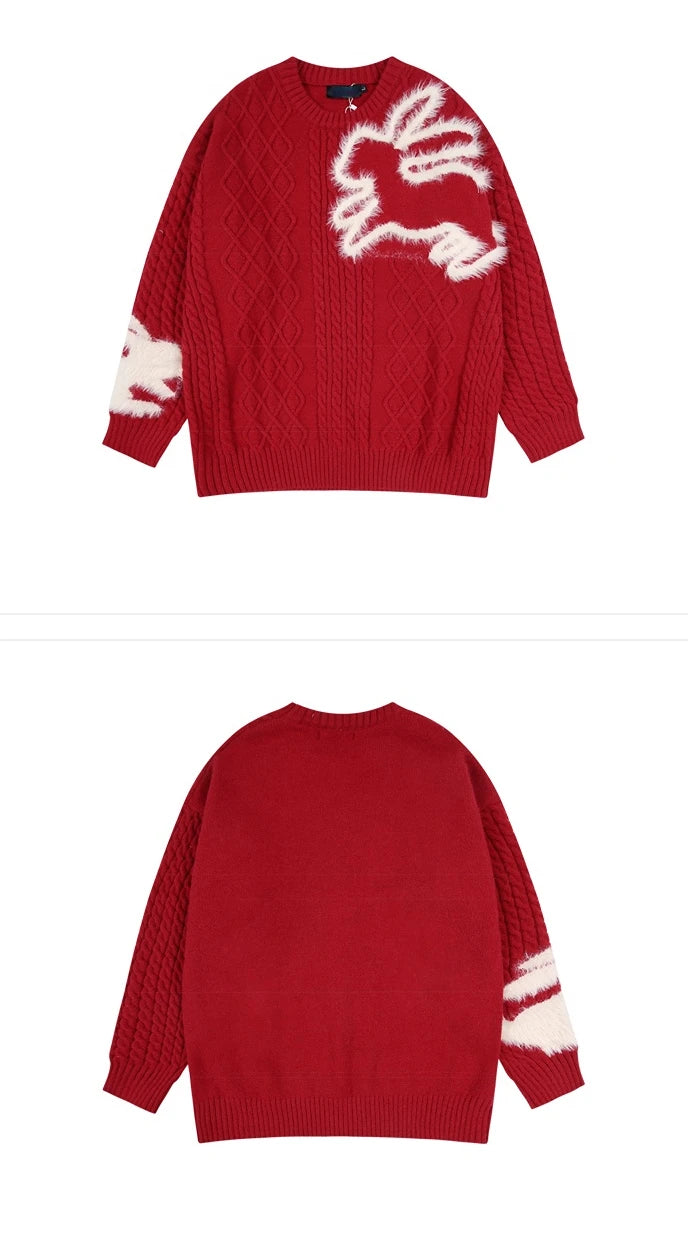 Mens Streetwear Cable Sweater 2023 Fashion Rabbit Pattern Hip Hop Knitted Sweater Pullover Casual Cotton Sweater Unisex Clothes Street King Limited