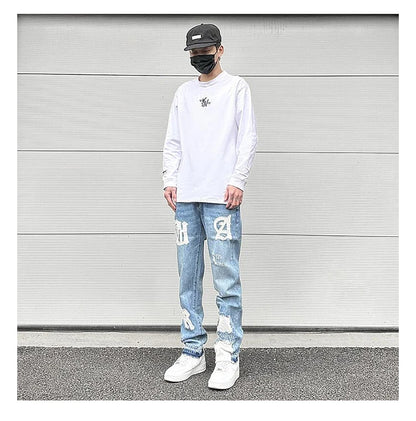 letters patckwork bottom ripped denim jeans men casual straight biker trousers fashion streetwear hip hop jean pants joggers unique joggers style 2718