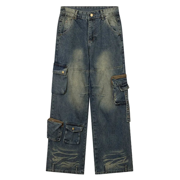 Men Baggy Straight Jeans Y2k Vintage Multiple Pockets Cargo Pants Japanese Streetwear Hip Hop Fashion Denim Trousers Unisex Street King Limited