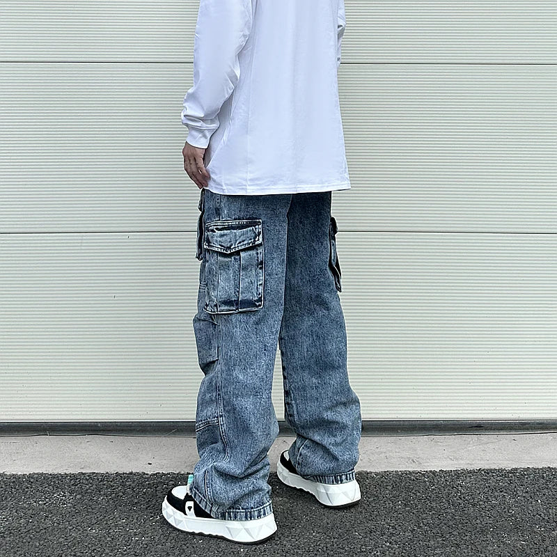 fashion loose streetwear cargo denim jeans unisex casual multi pocket wide legs jean pants hip hop joggers mens baggy jeans unique joggers style 1956