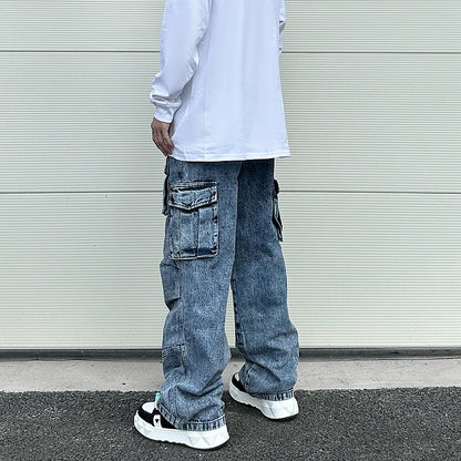 fashion loose streetwear cargo denim jeans unisex casual multi pocket wide legs jean pants hip hop joggers mens baggy jeans unique joggers style 1956