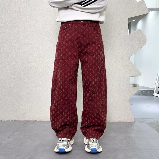 men brand fashion wash jacquard denim splice pocket loose casual wide leg baggy jeans cityboy cargo jeans pants trousers multi-pocket cargos