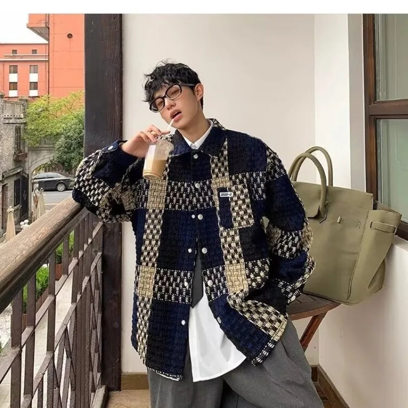 high street lattice mens jackets woven fabric single breasted loose harajuku shirt coats letter embroidered casual male tops unique default style 1827