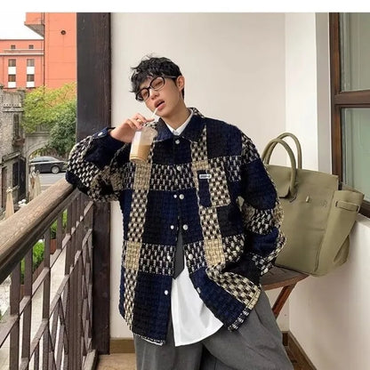 high street lattice mens jackets woven fabric single breasted loose harajuku shirt coats letter embroidered casual male tops unique default style 1827