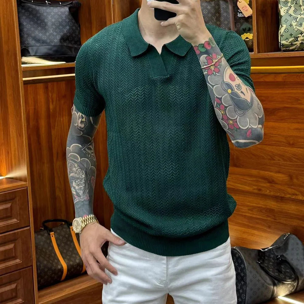 Mens Perspective Casual Cotton Knitted T-Shirt Daily Breathable Versatile Solid Color Simple Comfortable Elastic Top 2024 Summer Street King Limited