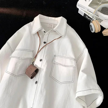 Retro trendy and personalized unisex style short sleeved men and women summer Korean street loose lapel couple work top y2k Street King Limited