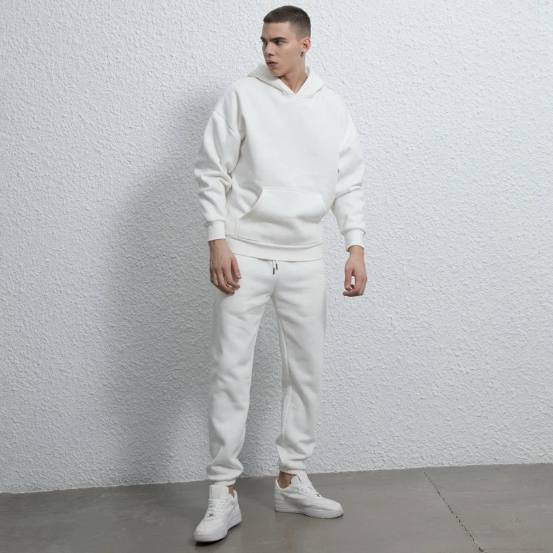 rainbowtouches quality pure cotton 2 piece couple hoodie solid color hip hop casual sportswear pullover mens pants plush relaxed fit trousers