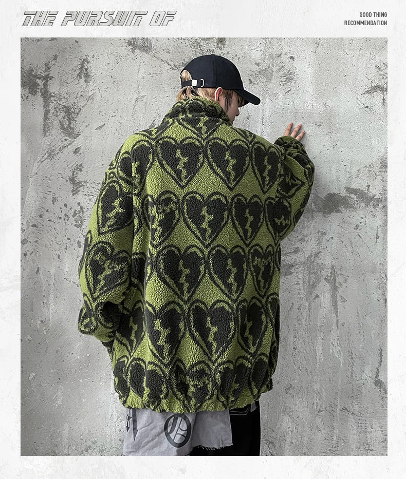 winter lambswool coat men casual streetwear grimace print parka hip hop grain fleece coat loose college warm outwear unisex new unique default style 4957