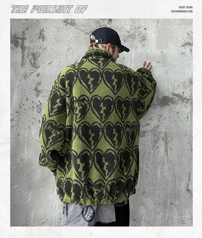 winter lambswool coat men casual streetwear grimace print parka hip hop grain fleece coat loose college warm outwear unisex new unique default style 4957