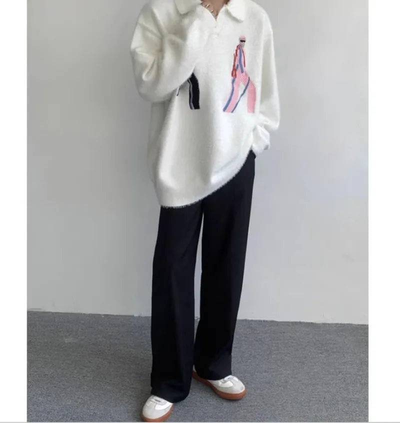 Korean Embroidery Lapel Sweater Mens Spring Street Trends Soft Seahorse Hair Loose Pullover Thickening Y2K Couple Knitwear New Street King Limited
