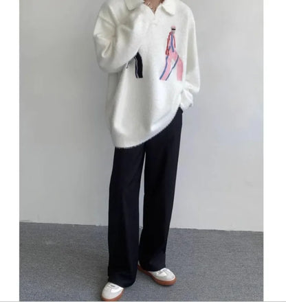 Korean Embroidery Lapel Sweater Mens Spring Street Trends Soft Seahorse Hair Loose Pullover Thickening Y2K Couple Knitwear New Street King Limited