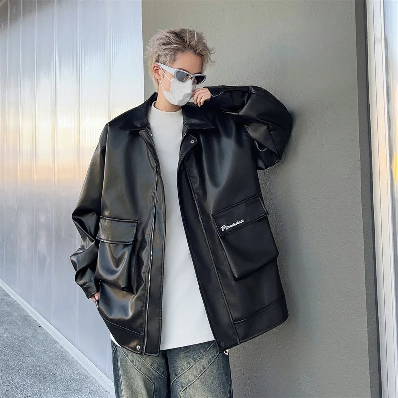 autumn motorcycle pu jacket coat for men leisure trendy workwear jacket niche ruffian handsome double neckline design jacket relaxed fit trousers